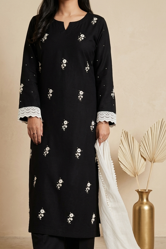 Black Kurta Set | Hand Embroidered Suit