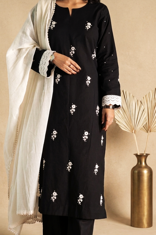 Black Kurta Set | Hand Embroidered Suit