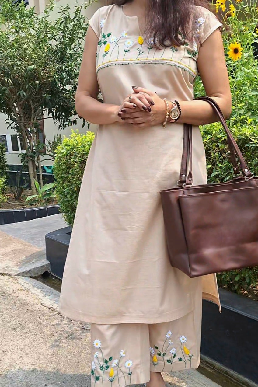 Beige Hand Embroidered Kurta set