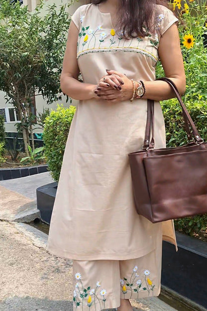 Beige Hand Embroidered Kurta set