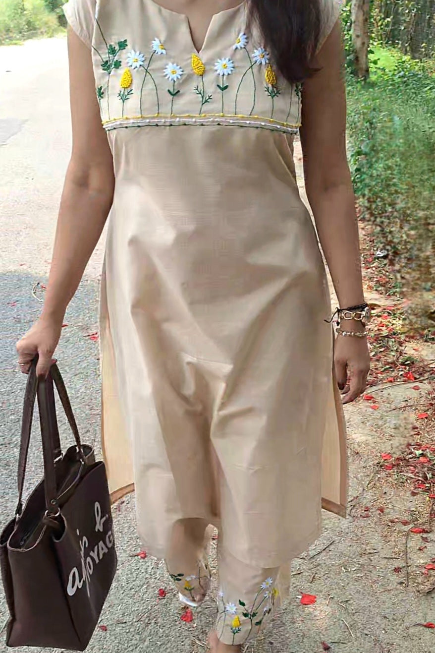 Beige Hand Embroidered Kurta set