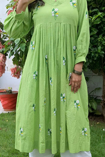 Lime Green Floral Hand-Embroidered Kurta Set