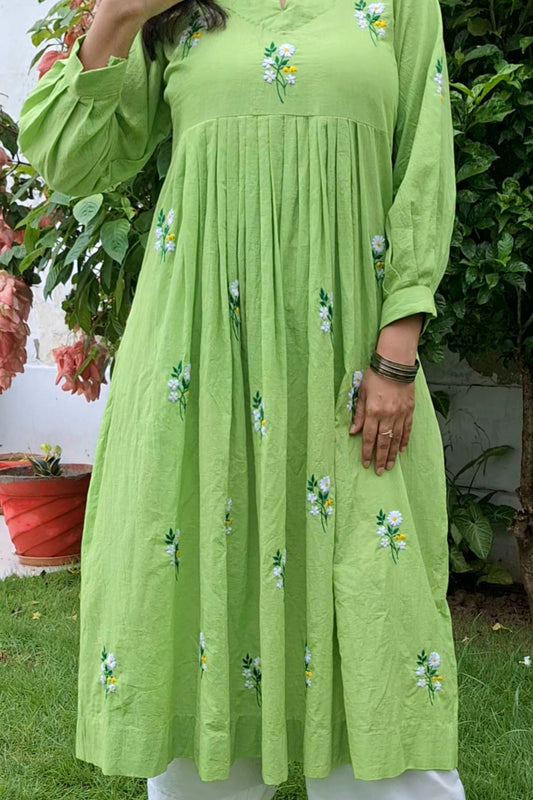 Lime Green Floral Hand-Embroidered Kurta Set