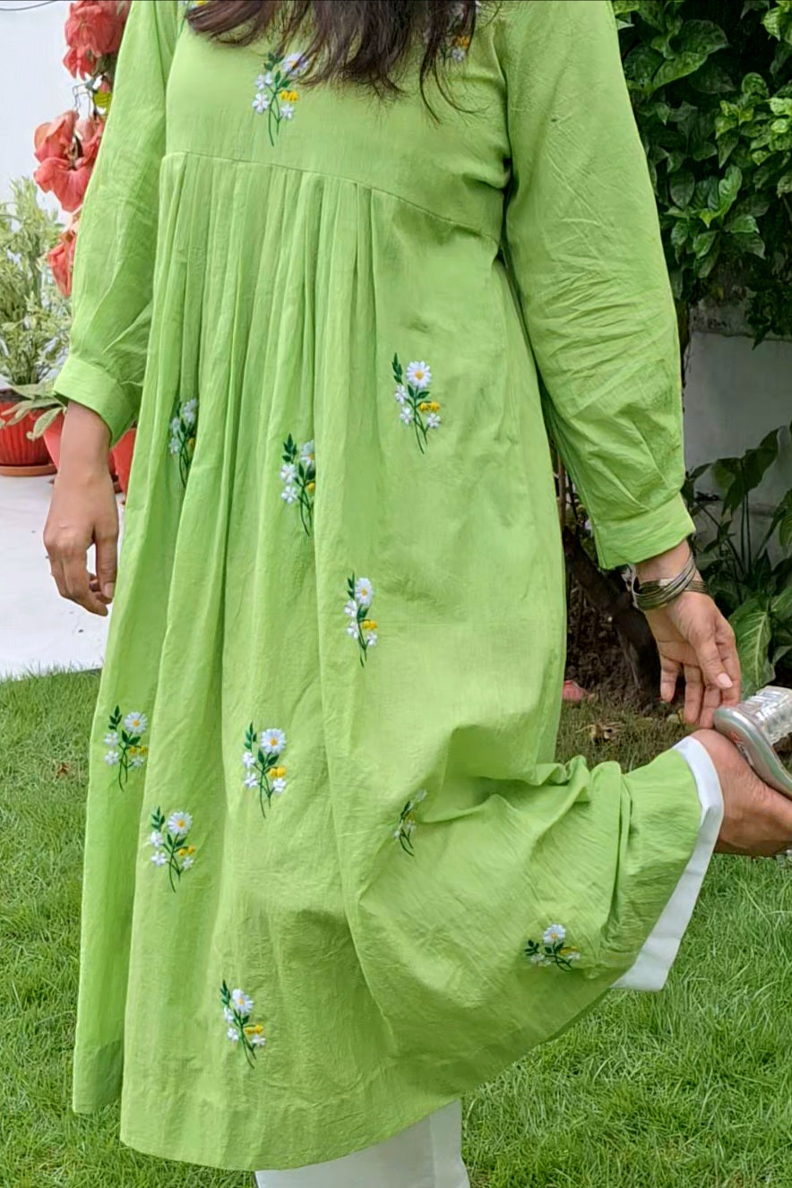 Lime Green Floral Hand-Embroidered Kurta Set