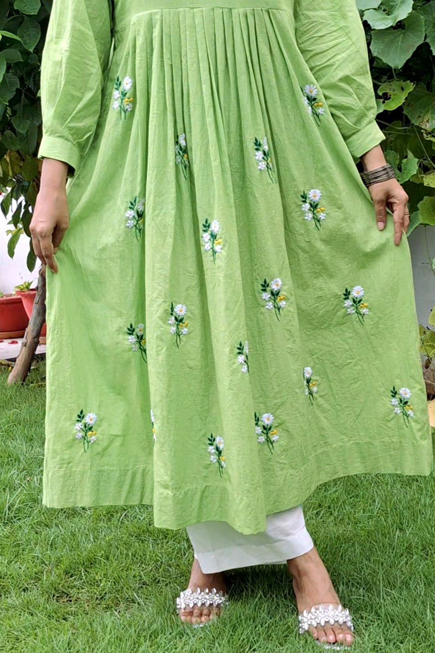 Lime Green Floral Hand-Embroidered Kurta Set