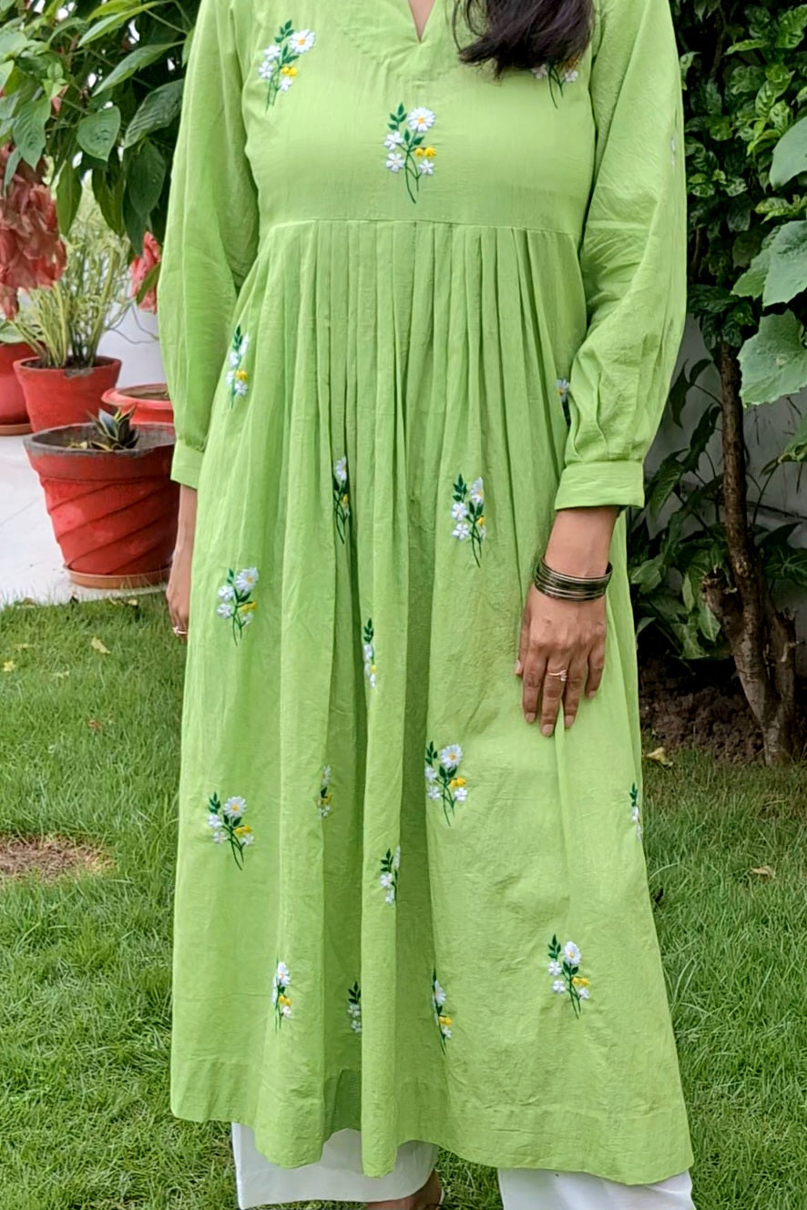 Lime Green Floral Hand-Embroidered Kurta Set